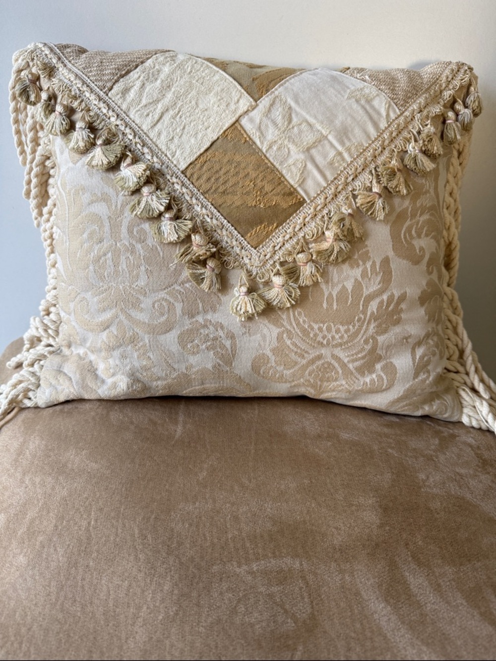 Bundle of 2 Gold Damask Bolster Tassel & Cream with gold accents Pillows - Picture 2 of 9